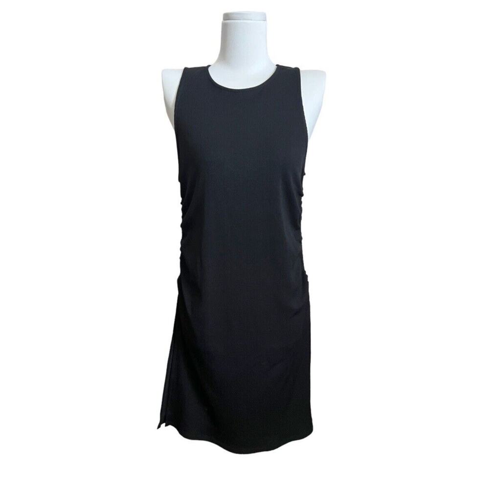 Zara Ribbed Tunic Long Top Side Tie Gathered Sz L Stretchy Sleeveless Black